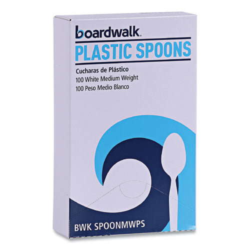 Image of Boardwalk® BWK SPOONMWPS Mediumweight Polystyrene Cutlery, Spoon, Plastic, White, 100/Box, 10 Boxes/Carton