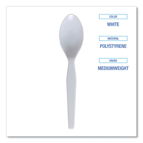 Image of Boardwalk® BWK SPOONMWPS Mediumweight Polystyrene Cutlery, Spoon, Plastic, White, 100/Box, 10 Boxes/Carton