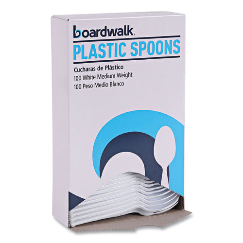 Image of Boardwalk® BWK SPOONMWPS Mediumweight Polystyrene Cutlery, Spoon, Plastic, White, 100/Box, 10 Boxes/Carton