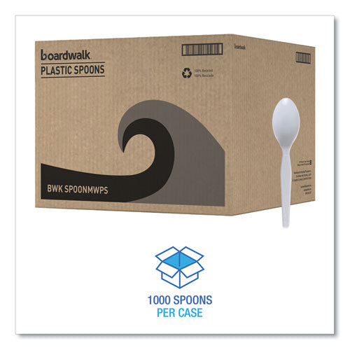 Image of Boardwalk® BWK SPOONMWPS Mediumweight Polystyrene Cutlery, Spoon, Plastic, White, 100/Box, 10 Boxes/Carton