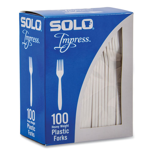 Image of SOLO® HSWFX-0007 Impress Heavyweight Full-Length Polystyrene Cutlery, Fork, Plastic, White, 100/Box, 10 Boxes/Carton