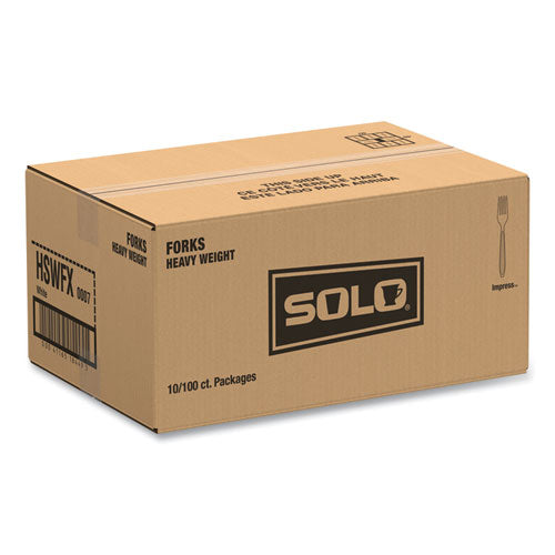 Image of SOLO® HSWFX-0007 Impress Heavyweight Full-Length Polystyrene Cutlery, Fork, Plastic, White, 100/Box, 10 Boxes/Carton