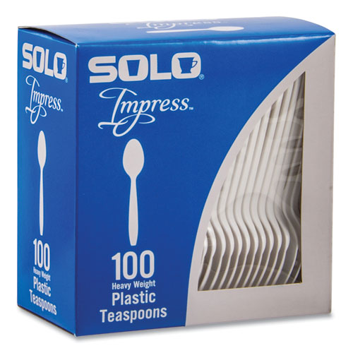 Image of SOLO® HSWTX-0007 Impress Heavyweight Full-Length Polystyrene Cutlery, Spoon, Plastic, White, 100/Box, 10 Boxes/Carton