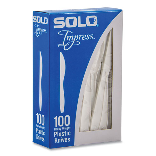 Image of SOLO® HSWKX-0007 Impress Heavyweight Full-Length Polystyrene Cutlery, Knife, Plastic, White, 100/Box