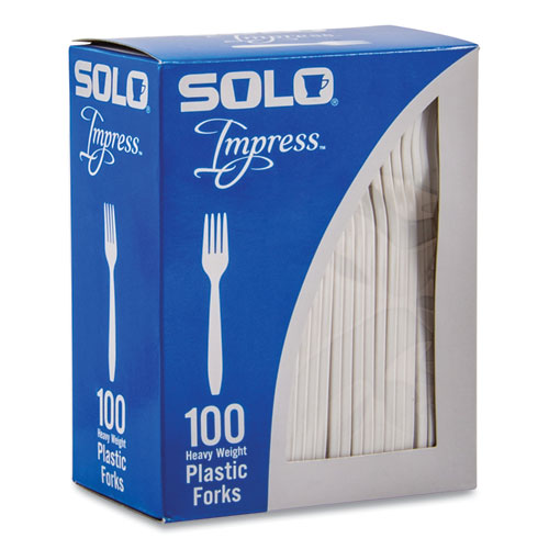 Image of SOLO® HSWFX-0007 Impress Heavyweight Full-Length Polystyrene Cutlery, Fork, Plastic, White, 100/Box