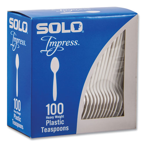 Image of SOLO® HSWTX-0007 Impress Heavyweight Full-Length Polystyrene Cutlery, Spoon, Plastic, White, 100/Box