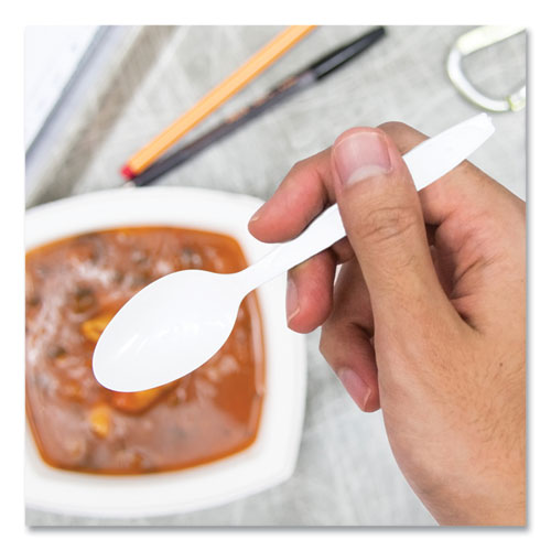 Image of SOLO® HSWTX-0007 Impress Heavyweight Full-Length Polystyrene Cutlery, Spoon, Plastic, White, 100/Box