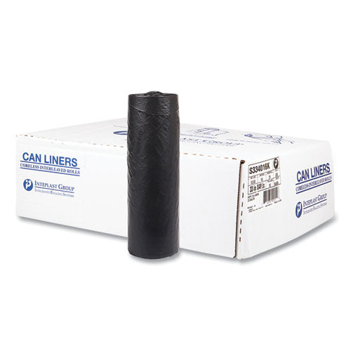 Image of Inteplast Group S334016K High-Density Commercial Can Liners, 33 gal, 16 mic, 33" x 40", Black, Interleaved Roll, 25 Bags/Roll, 10 Rolls/Carton