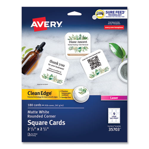 Image of Avery® 35703 Square Clean Edge Cards with Sure Feed Technology, Laser, 2.5 x 2.5, White, 9 Cards/Sheet, 20 Sheets/Pack
