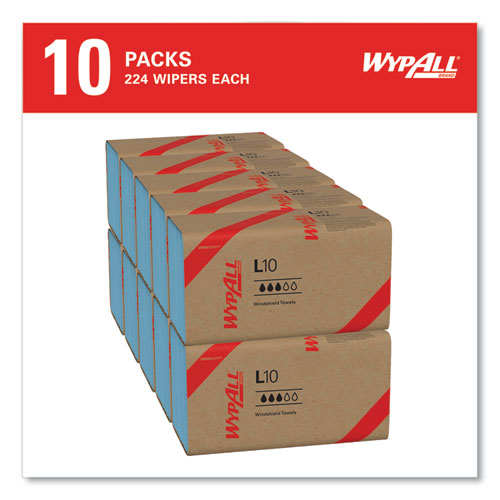 Image of WypAll® 05123 L10 Windshield Towels, 1-Ply, 9.1 x 10.25, Light Blue, 224/Pack, 10 Packs/Carton