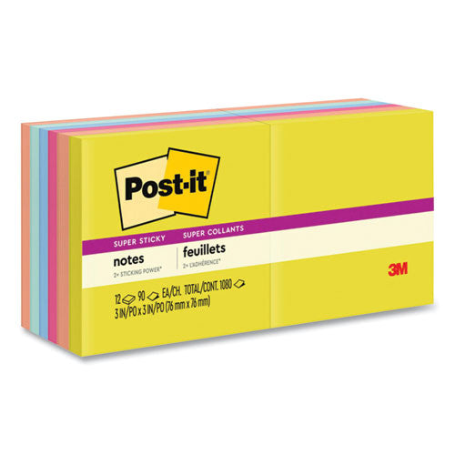 Image of Post-it® Notes Super Sticky 654-12SSJOY Note Pads in Summer Joy Collection Colors, 3" x 3", Summer Joy Collection Colors, 90 Sheets/Pad, 12 Pads/Pack