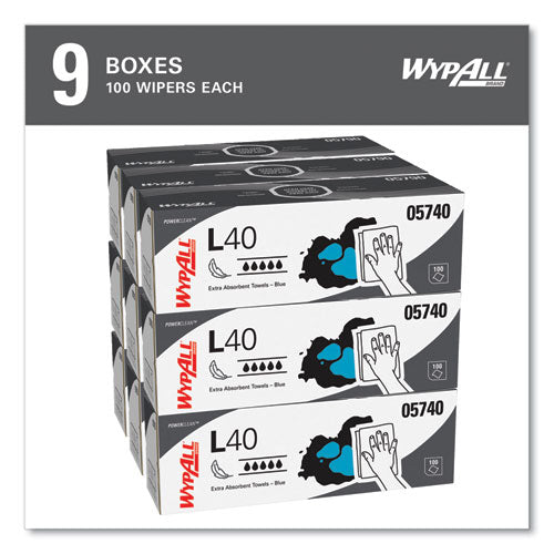 Image of WypAll® 05740 L40 Towels, POP-UP Box, 9.8 x 16.4, Blue, 100/Box, 9 Boxes/Carton