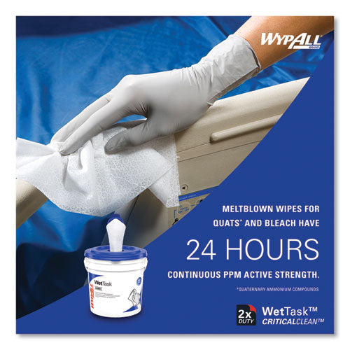 Image of WypAll® 06411 Critical Clean Wipers for Bleach, Disinfectants, Sanitizers WetTask Customizable Wet Wiping System, w/Bucket,140/Roll, 6/CT