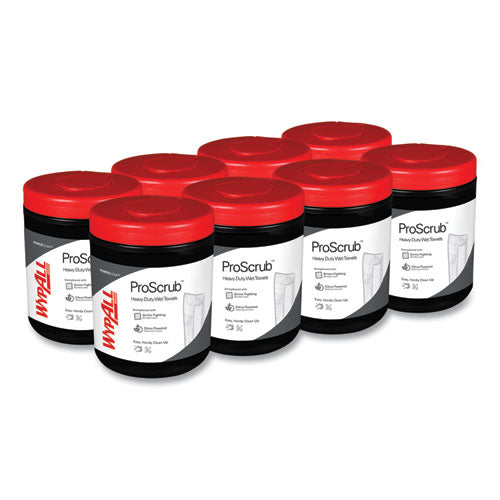 Image of WypAll® 58310 Power Clean ProScrub Pre-Saturated Wipes, 12 x 9.5, Citrus Scent, Green/White, 50/Canister, 8 Canisters/Carton