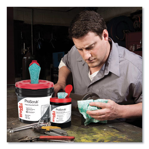 Image of WypAll® 58310 Power Clean ProScrub Pre-Saturated Wipes, 12 x 9.5, Citrus Scent, Green/White, 50/Canister, 8 Canisters/Carton