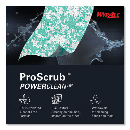 Image of WypAll® 58310 Power Clean ProScrub Pre-Saturated Wipes, 12 x 9.5, Citrus Scent, Green/White, 50/Canister, 8 Canisters/Carton