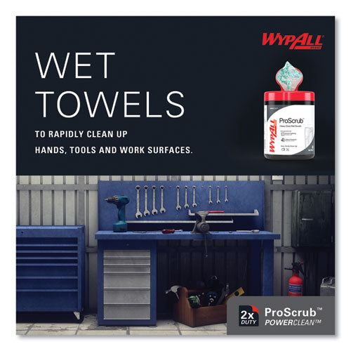 Image of WypAll® 58310 Power Clean ProScrub Pre-Saturated Wipes, 12 x 9.5, Citrus Scent, Green/White, 50/Canister, 8 Canisters/Carton