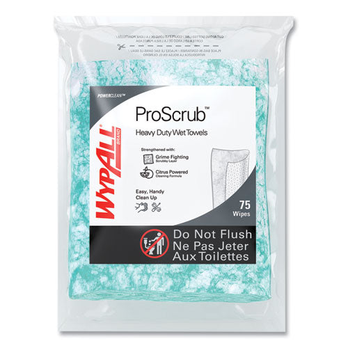 Image of WypAll® 91367 Power Clean ProScrub Pre-Saturated Wipes, 12 x 9.5, Citrus Scent, Green, 75/Pack, 6 Packs/Carton