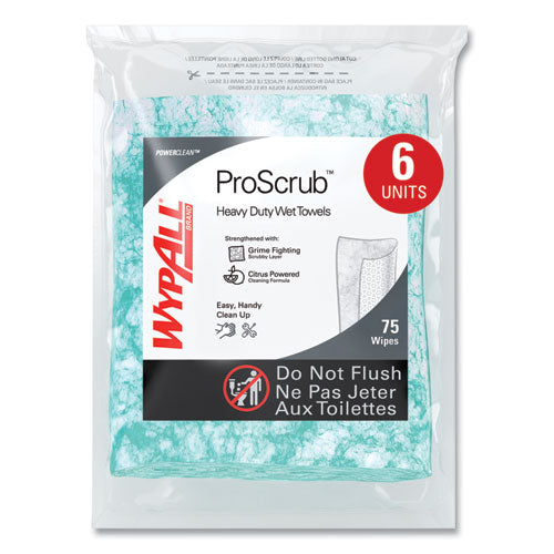 Image of WypAll® 91367 Power Clean ProScrub Pre-Saturated Wipes, 12 x 9.5, Citrus Scent, Green, 75/Pack, 6 Packs/Carton