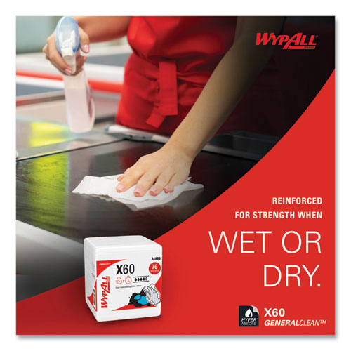 Image of WypAll® 34865 General Clean X60 Cloths, 1/4 Fold, 12.5 x 13, White, 76/Box, 12 Boxes/Carton