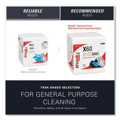 Image of WypAll® 34865 General Clean X60 Cloths, 1/4 Fold, 12.5 x 13, White, 76/Box, 12 Boxes/Carton