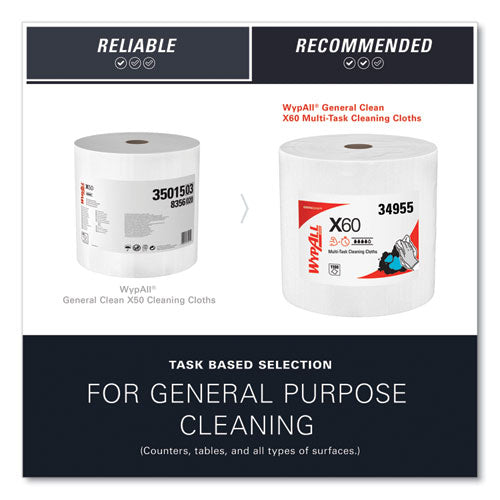 Image of WypAll® 34955 General Clean X60 Cloths, Jumbo Roll, 12.2 x 12.4, White, 1,100/Roll