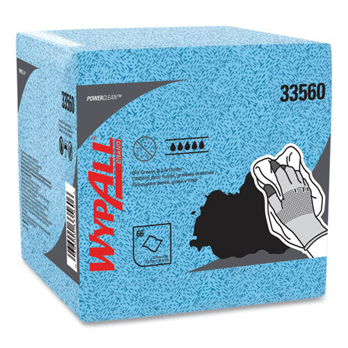 Image of WypAll® 33560 Power Clean Oil, Grease and Ink Cloths, 1/4 Fold, 12.5 x 12, Blue, 66/Box, 8 Boxes/Carton