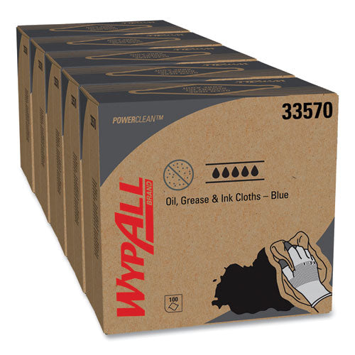 Image of WypAll® 33570 Power Clean Oil, Grease and Ink Cloths, POP-UP Box, 8.8 x 16.8, Blue, 100/Box, 5/Carton