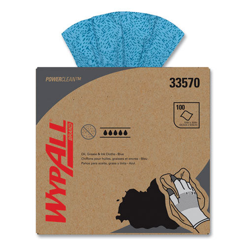 Image of WypAll® 33570 Power Clean Oil, Grease and Ink Cloths, POP-UP Box, 8.8 x 16.8, Blue, 100/Box, 5/Carton