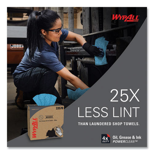Image of WypAll® 33570 Power Clean Oil, Grease and Ink Cloths, POP-UP Box, 8.8 x 16.8, Blue, 100/Box, 5/Carton