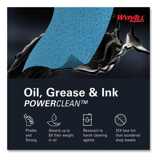 Image of WypAll® 33570 Power Clean Oil, Grease and Ink Cloths, POP-UP Box, 8.8 x 16.8, Blue, 100/Box, 5/Carton