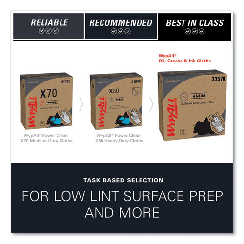 Image of WypAll® 33570 Power Clean Oil, Grease and Ink Cloths, POP-UP Box, 8.8 x 16.8, Blue, 100/Box, 5/Carton