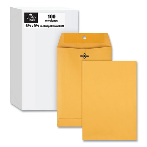 Image of Quality Park QUA37863 Clasp Envelope, 28 lb Bond Weight Kraft, #63, Square Flap, Clasp/Gummed Closure, 6.5 x 9.5, Brown Kraft, 100/Box