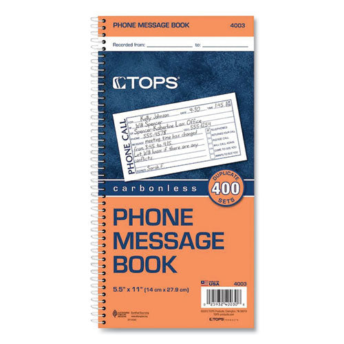 Image of TOPS 4003 Spiralbound Message Book, Two-Part Carbonless, 5 x 2.75, 4 Forms/Sheet, 400 Forms Total