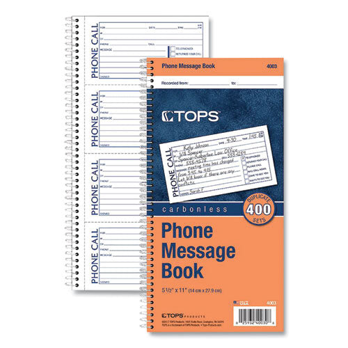 Image of TOPS 4003 Spiralbound Message Book, Two-Part Carbonless, 5 x 2.75, 4 Forms/Sheet, 400 Forms Total