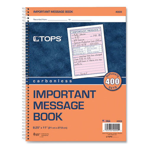 Image of TOPS 4009 Telephone Message Book with Fax/Mobile Section, Two-Part Carbonless, 3.88 x 5.5, 4 Forms/Sheet, 400 Forms Total