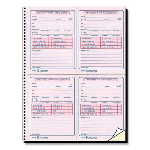 Image of TOPS 4009 Telephone Message Book with Fax/Mobile Section, Two-Part Carbonless, 3.88 x 5.5, 4 Forms/Sheet, 400 Forms Total