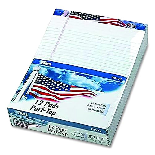 Image of TOPS American Pride Writing Pad, Red/White/Blue Headband, Wide Rule, (50) White 8.5 x 11 Sheets, 12/Pack