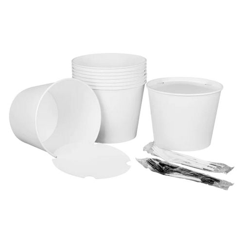 Image of Karat® C-FB130W_BUNDLE Food Bucket with Lid, 130 oz, 8.46" Diameter x 6.6" h, White, Paper, 150/Carton