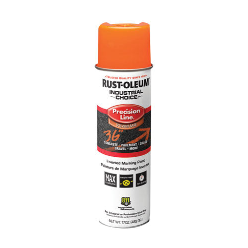 Image of Rust-Oleum® 203027V Industrial Choice M1600 System Solvent-Based Precision Line Marking Paint, Flat Fluorescent Orange, 17 oz Aerosol Can, 12/CT