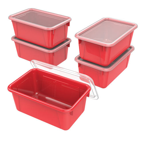 Image of Storex 62407U05C Cubby Bin with Lid, 12.28 x 7.95 x 5.23, Red, 5/Pack