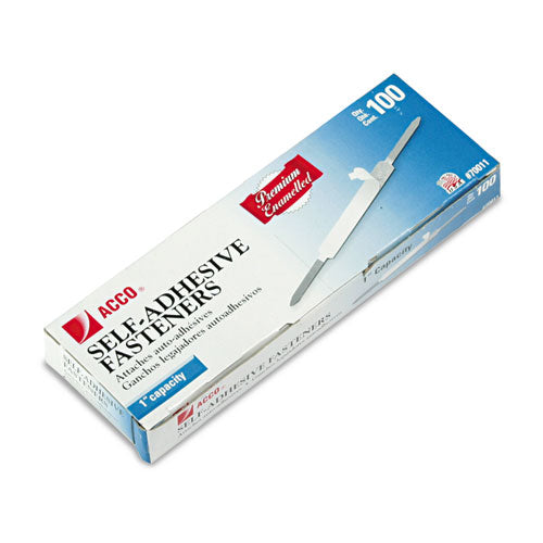 Image of ACCO A7070011K Premium Self-Adhesive Two-Prong Paper Fastener Bases, 1" Capacity, 2.75" Center to Center, Silver, 100/Box