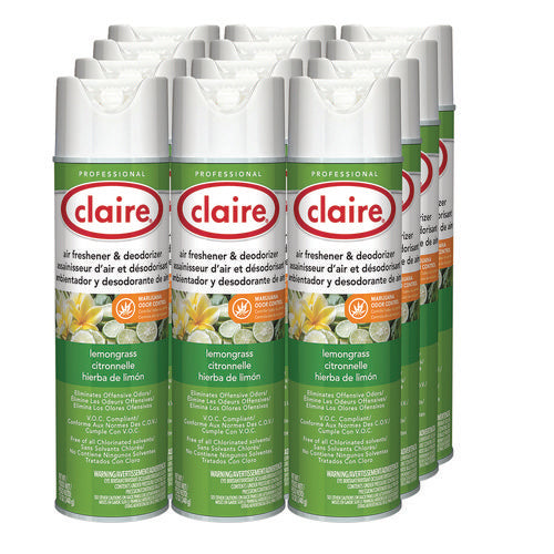 Image of Claire® CL1307 Aerosol Air Freshener and Deodorizer, Lemongrass Citronella, 12 oz Aerosol Spray, 12 Cans