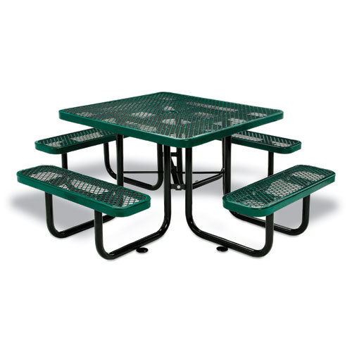 Image of Global Industrial® 277151GN Expanded Steel Picnic Table, Square, 81 x 81 x 29.5, Green Top, Green Base/Legs