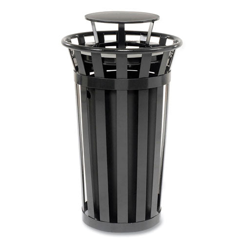 Image of Global Industrial® 260803BK Outdoor Slatted Steel Trash Can, Rain Bonnet Lid, 24 gal, Black