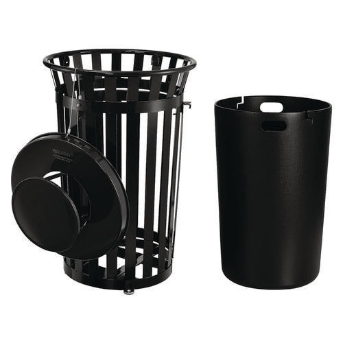 Image of Global Industrial® 261941BK Outdoor Slatted Steel Trash Can, With Access Door and Rain Bonnet Lid, 36 gal, Black