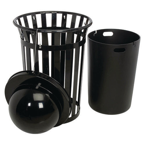 Image of Global Industrial® 261944BK Outdoor Slatted Steel Trash Can, Dome Lid, 36 gal, Black