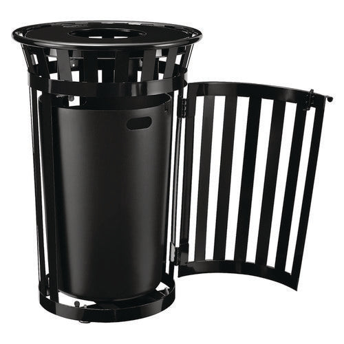 Image of Global Industrial® 261940BK Outdoor Slatted Steel Trash Can, With Access Door, 36 gal, Steel Black