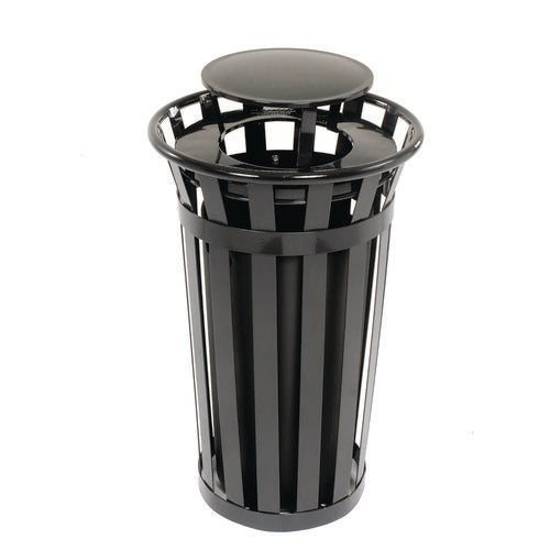 Image of Global Industrial® 260803BK Outdoor Slatted Steel Trash Can, Rain Bonnet Lid, 24 gal, Black