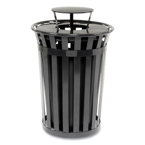 Image of Global Industrial® 260804BK Outdoor Slatted Steel Trash Can, Rain Bonnet Lid, 36 gal, Black